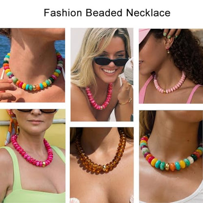 Beaded necklace for Women Boho Bead Gemstone Chunky Necklace Big Bead Necklace Fashion Trendy Summer Necklaces Jewelry Gifts - color: Amber&GD Beaded