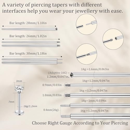 Piercing Taper Ball Grabber Tool Stainless Steel Nose Ear Piercing Kits | Nose Septum Eyebow Helix Conch Tragus Daith Piercing Jewelry Changing Tool,14G 16G 18G 20G Flat Back Earrings Applicator Tool - style: 16G Piercing Tapers + Ball Grabber Tool