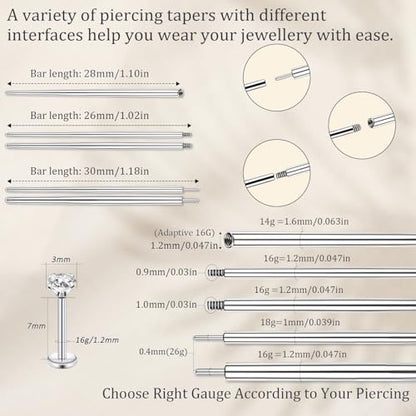 Piercing Taper Ball Grabber Tool Stainless Steel Nose Ear Piercing Kits | Nose Septum Eyebow Helix Conch Tragus Daith Piercing Jewelry Changing Tool,14G 16G 18G 20G Flat Back Earrings Applicator Tool - style: 16G Piercing Tapers + Ball Grabber Tool