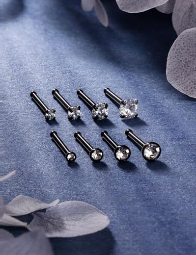 18G 20G 22G Titanium Stainless Surgical Steel Nose Rings Studs for Women L Shaped Nose Studs Screw Nose Ring Piercing Jewelry for Women Men Diamond CZ 1.5mm 2mm 2.5mm 3mm Silver Black Gold - style: 22g/Clear CZ/Straight/Black