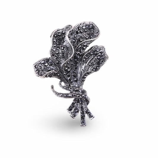 Brooch Pin, Vintage Floral Design In Antique Silver Tone Zinc Alloy With Grey Crystals And Faux Pearl Center - color: MM-BR-0383-BK