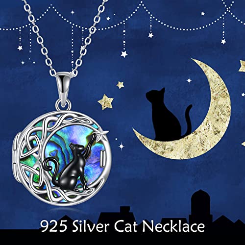 925 Sterling Silver Moon Black Cat Necklace for Women Cat Jewelry - style: I-Custom Black Cat Abalone Locket