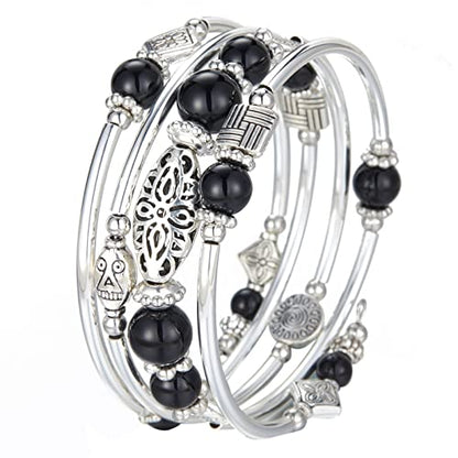 BULINLIN Layered Wrap Bangle Turquoise Bracelet - Bead Bracelet with Natural Agate Stone, Gifts For Women - color: 03-Black