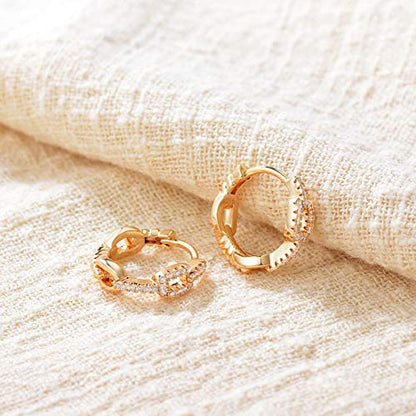 Huggie Hoop Earrings 14K Gold Plated Cubic Zirconia Dainty Simple Cute Beads Elegant CZ Circle Small Hoop Earring for Women Minimalist Handmade Hypoallergenic Jewelry - color: Link Hoop