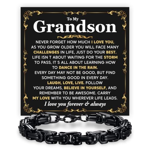 Grandson Gifts from Grandma Grandpa, Black Stainless Steel Bracelet with Meaningful Message Card, Birthday Gift for Grandson, Graduation Christmas Gift, Inspirational Keepsake Jewelry for Men - color: Grandson #5