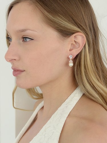 Mariell Clip-On Pearl Drop Bridal Earrings with Cubic Zirconia Crystals and Ivory Pearls For Brides, Bridesmaids, Weddings, Jewelry Gift for Women - color: Rose Gold