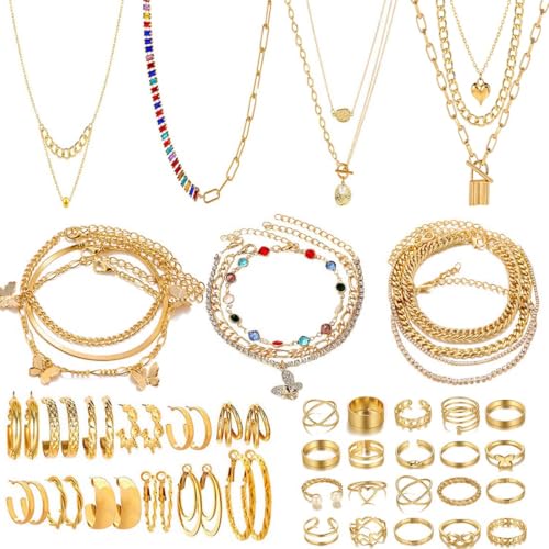 KOSMOS-LI 60 PCS Gold Plated Jewelry Sets with Costume Necklaces, Bracelets, Earrings, Knuckle Rings for Women - color: 49gold