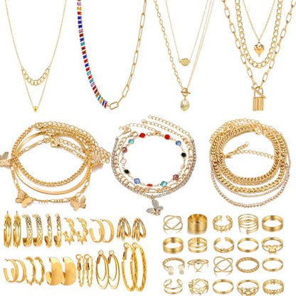 KOSMOS-LI 60 PCS Gold Plated Jewelry Sets with Costume Necklaces, Bracelets, Earrings, Knuckle Rings for Women - color: 49gold