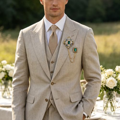 9PCS Men's Brooch Suit Pin with Chains Suit Tuxedo Accessory for Men | Crystal Rhinestone Crown Hanging Chain Brooch with Stone Detailing