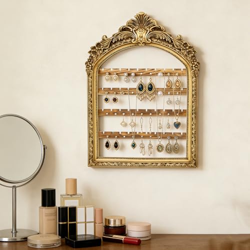 Large Hanging Earring Jewelry Organizers, 13 x 9.3 Inch 4 Layer Vintage Gold Arched Frame, Wall Mounted Jewelry Holder, Decorative Earring Organizer Display for Stud Earring Bracelet Necklace Ring