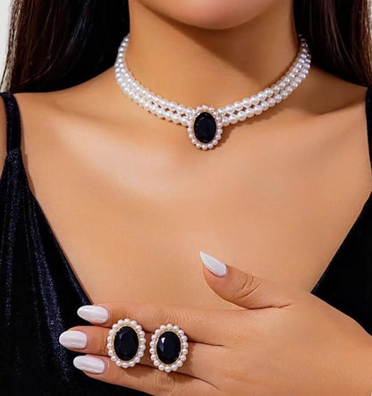 CSIYANJRY99 Pearl Necklace and Earring Set Faux Pearl Jewelry Sets for Women Imitation Beaded Pearl Necklace Bracelet Stud Earrings for Women - color: Blac Zircon Pearl Set