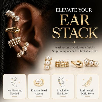 4 Pcs Women’s Clip-On Ear Cuff Set, Luxury Old Money Style Faux Pearl Earrings, Irregular Bohemian Statement Ear Cuffs, Elegant Jewelry for Daily Wear, Vacation, Date, Wedding, Banquet & Party, surprise Girlfriend,Friends for Birthdays & Holidays - color: