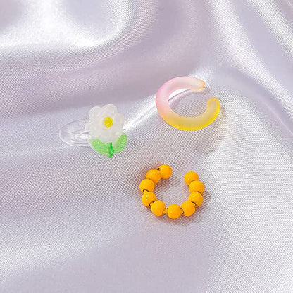 Sweet Flower Ear Cuffs Wrap Earrings for Women Acrylic Resin Colorful Bead Ball Cartilage Earring Fake Huggie Hoops Non Piercing Clip On Lovely Summer Ear Jewelry Gifts 3 PCS Set