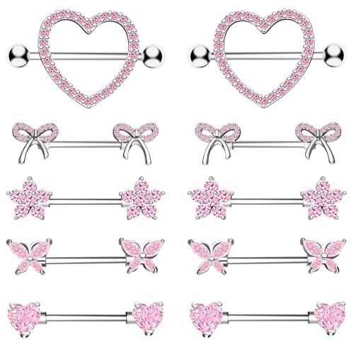 BSJ4U Nipple Piercing Jewelry 14G Stainless Steel Nipple Rings for Women Heart Butterfly Flower Bow Nipple Barbells - color: Pink CZ Nipple Piercing Jewelry