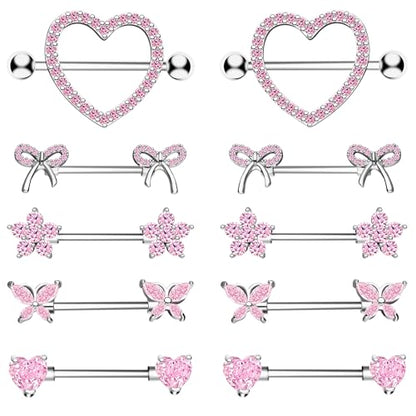 BSJ4U Nipple Piercing Jewelry 14G Stainless Steel Nipple Rings for Women Heart Butterfly Flower Bow Nipple Barbells - color: Pink CZ Nipple Piercing Jewelry