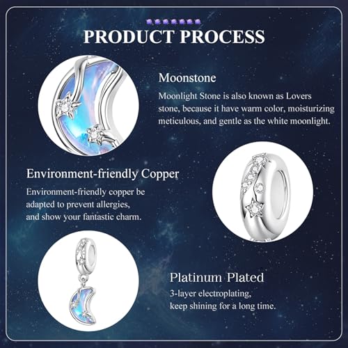 Celestial Bead Charms for Bracelets, Star Moon Dreamcatcher Dangle Charms, Silver Tone Copper, Glass Resin CZ Accents, Charm Beads for Women Jewelry Making, Gift Box Included - color: Opal Crescent Moon Dangle Charm