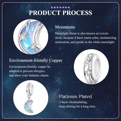 Celestial Bead Charms for Bracelets, Star Moon Dreamcatcher Dangle Charms, Silver Tone Copper, Glass Resin CZ Accents, Charm Beads for Women Jewelry Making, Gift Box Included - color: Opal Crescent Moon Dangle Charm