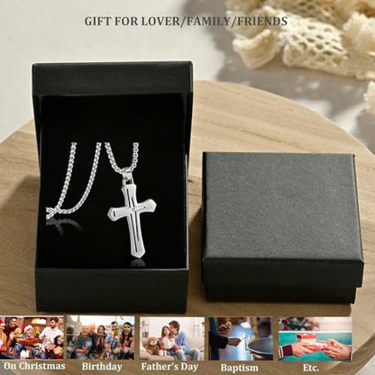 MOOSKI Cross Necklace for Men Stainless Steel Christ Jesus Jewelry 24"Chain | Religious christ Pendant ,Adjustable Rolo Chain,Gold Silver/Black Christian Jewelry Gift Women Men - color: Silver&White