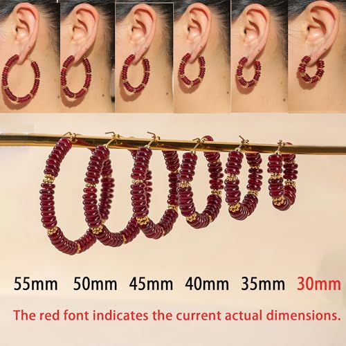 Wellike Beaded Hoop Earrings for Women Natural Stone Pink Gold Huggie Earrings Hypoallergenic Dainty Waterproof Trendy Jewelry - color: Burgundy, size: 30mm