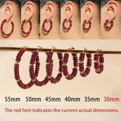 Wellike Beaded Hoop Earrings for Women Natural Stone Pink Gold Huggie Earrings Hypoallergenic Dainty Waterproof Trendy Jewelry - color: Burgundy, size: 30mm