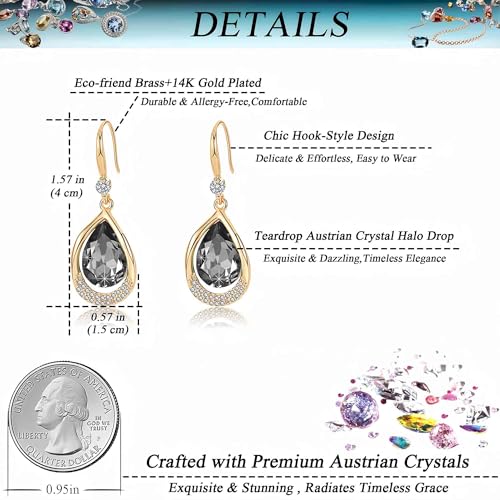 Austrian Crystal Halo Teardrop Hollow Drop Dangle Earrings for Women 14K Rose Gold Plated Hypoallergenic Jewelry Gifts - color: Grey-Black