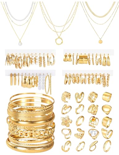 83 Pcs Gold Jewelry Set for Women Fashion Multi Layered Necklaces Stackable Bangle Bracelets Knuckle Rings Hoop Earrings Gold Plated Jewelry Accessories