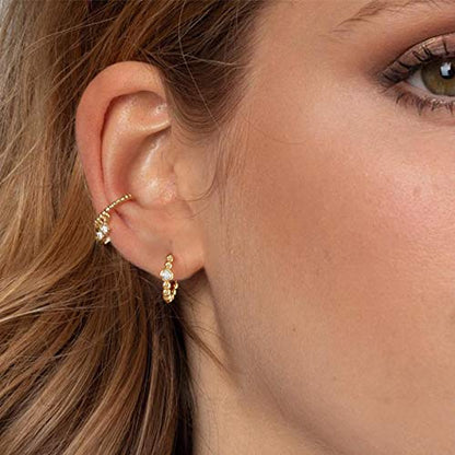Huggie Hoop Earrings 14K Gold Plated Cubic Zirconia Dainty Simple Cute Beads Elegant CZ Circle Small Hoop Earring for Women Minimalist Handmade Hypoallergenic Jewelry - color: Beaded CZ