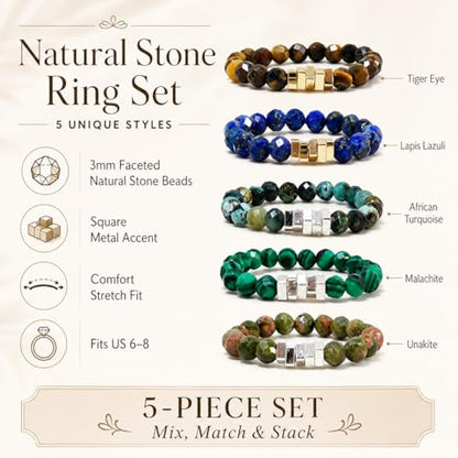 5Pcs Square Accent Natural Stone Beaded Ring Set for Women, Handmade Faceted Stackable Stretch Rings, Boho Gemstone Gift