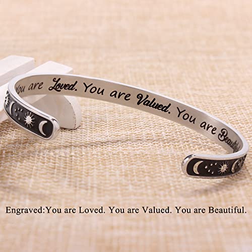 Btysun Bracelets for Women Mothers Day Bracelet Gifts from Daughter Inspirational Gifts for Women Graduation Gifts for Her Motivational Birthday Cuff Bangle Friendship Personalized Mantra Jewelry… - style: 0 Moon & Sun - You are loved.You are valued.You a