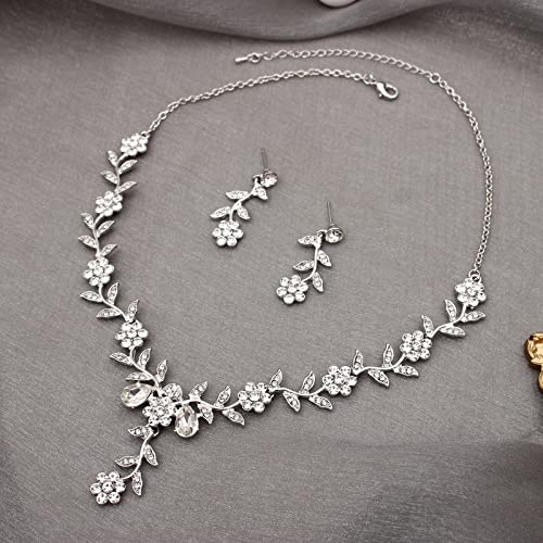 Flower Leaf Crystal Pendant Necklace Dangle Earrings Link Bracelet Bride Bridesmaid Jewelry Sets for Women Wedding Party - color: White-Platinum Plated