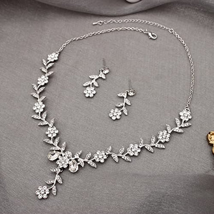 Flower Leaf Crystal Pendant Necklace Dangle Earrings Link Bracelet Bride Bridesmaid Jewelry Sets for Women Wedding Party - color: White-Platinum Plated