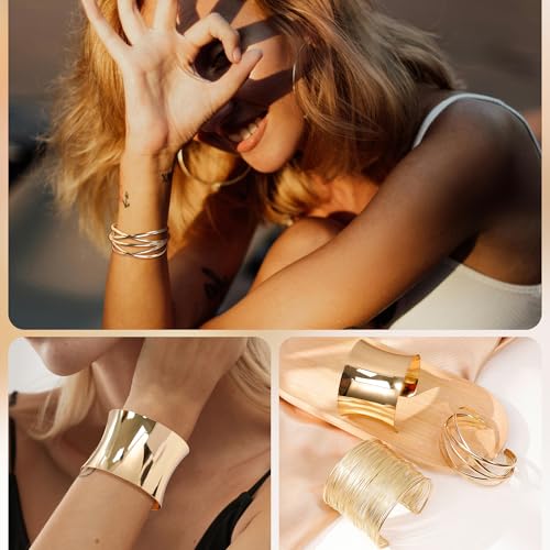 3Pcs Chunky Gold Cuff Bracelets Open Wide Bangle Bracelets Set for Women Minimalist Irregular Bracelet Statement Wrist Cuff Wrap Bracelet Jewelry - style: styleB gold