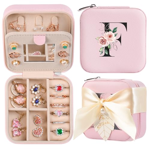AYGXU Travel Jewelry Box for Women and Girls - Small Case With Initial A-Z - Teacher Gifts - color: pink, size: F