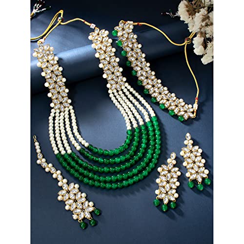 Aheli Wedding Party Wear Bridal Jewellery Choker Long Pearl Necklace Earrings Maang Tikka Indian Traditional Set Gift for Women - color: Green-1