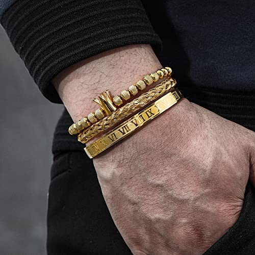 WFYOU 3PCS Stainless Steel Imperial Crown Bracelets for Men Gold Roman Numeral Bangle Bracelet Adjustable Cuff Bracelet Mens Luxury Jewelry Gifts - style: 10:Gold- Crown