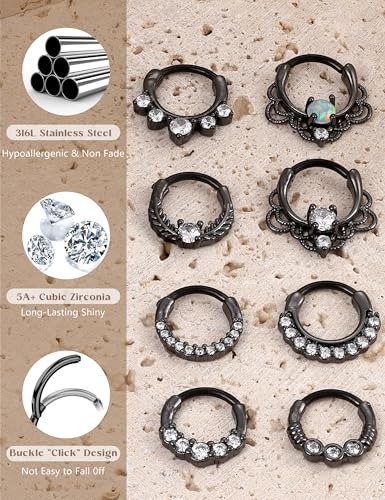 8PCS 16G Septum Clicker Ring Stainless Steel CZ Opal Cartilage Helix Tragus Hoop Daith Earrings Nose Rings Hoop Hinged Segment Clicker Ring Piercing Jewelry - color: black tone 8mm