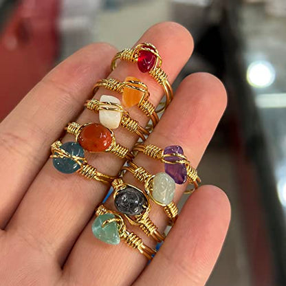 9 PCS Healing Crystal Ring, Adjustable Wire Wrapped Rings Irregular Gemstone Rings Set for Women - color: Gold-Style B