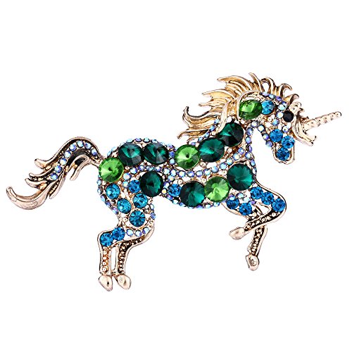 EVER FAITH Women's Austrian Crystal Running Unicorn Brooch - color: Green Gold-Tone