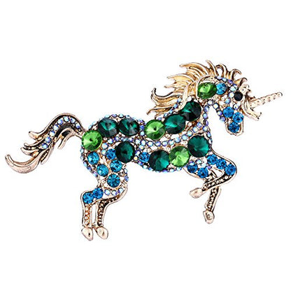 EVER FAITH Women's Austrian Crystal Running Unicorn Brooch - color: Green Gold-Tone