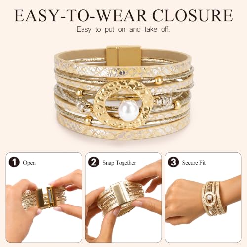 Edoneery Leather Wrap Bracelets for Women, Boho Layered Cuff Bangle | Multi-layer leather cuff, daily wear, stackable bangle, easy on-off, western jewelry gifts for women - color: Gold-4