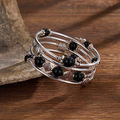 Beaded Pearl Bangle Wrap Bracelet - Fashion Bohemian Jewelry Multilayer Charm Bracelet with Thick Silver Metal Beads, Gift For Women - color: Black