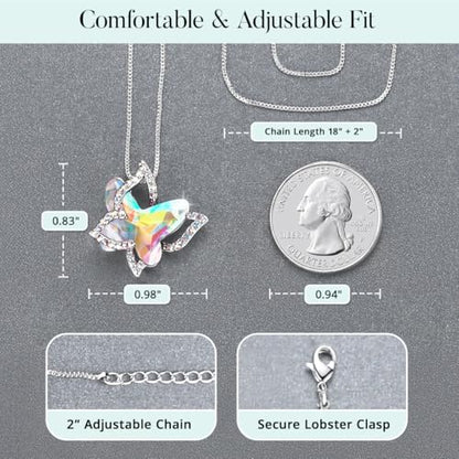 Butterfly Necklace, Birthstone Crystal, for Women, Silver Tone Pendant Jewelry, Anniversary Birthday Gift for Her, Wife & Mom, 18"+2" - color: 04-April Birthstone - Rainbow Opal White Crystal