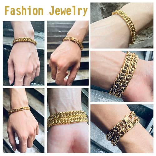 2PCS Cuban Link Bracelet, Silver Gold Black Sturdy 316L Stainless Steel Cuban Link Chain for Men Jewelry Set with Gift Message Card 8mm, 7/8/9 Inches - color: Gold, size: 9 inches
