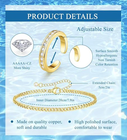 13 Pcs Toe Rings and Ankle Bracelets for Women Non Tarnish - Toe Rings Silver Gold Plated Adjustable Open Tail Toe Ring - Beach Foot Jewelry for Summer