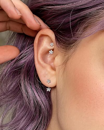 Minimalist Flower Rook Piercing Jewelry, 16G 5A CZ Eyebrow Piercing, Stainless Steel Rook Lobe Earrings 6/8MM - color: WG-6MM