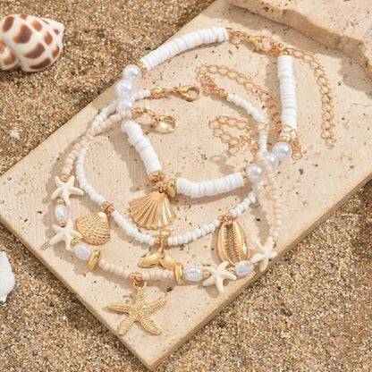 Summer Beach Ankle Bracelet for Women Waterproof Boho Beads Starfish Seashell Anklets Adjustable Surfer Preppy Ankles Set Beach Vacation Accessories