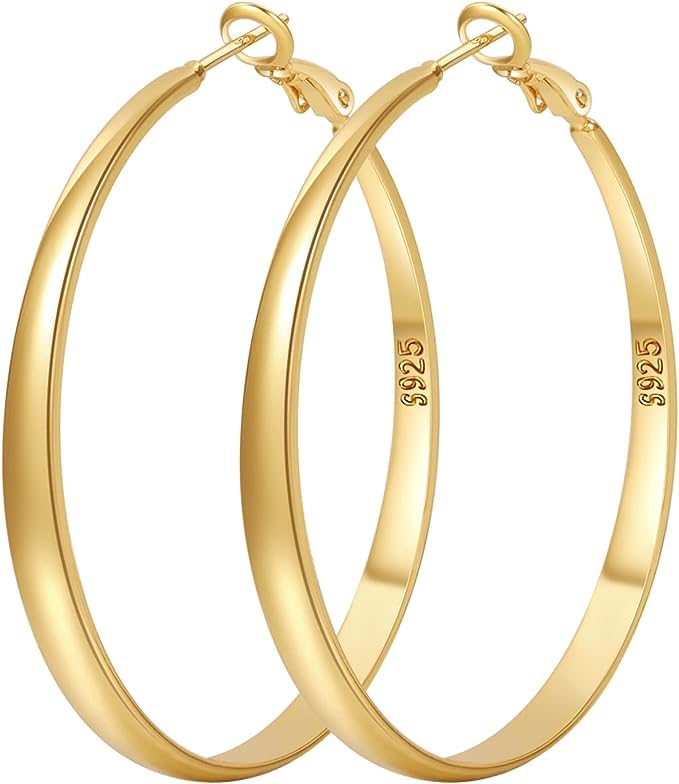 925 Sterling Silver Hoop Earrings Hypoallergenic Large Thin Hoops Earring | Lightweight Big Silver Hoops Hypoallergenic Large Hoop Earring for Women Sensitive Ears Oversize Hoops 30/40/50/60/70mm - color: 60mm Gold