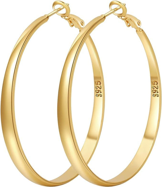 925 Sterling Silver Hoop Earrings Hypoallergenic Large Thin Hoops Earring | Lightweight Big Silver Hoops Hypoallergenic Large Hoop Earring for Women Sensitive Ears Oversize Hoops 30/40/50/60/70mm - color: 60mm Gold