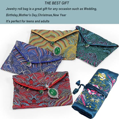 2pcs Embroidery Jewelry Roll Bags with Silk Purse Pouch Damask Cloth Brocade Organizer with Snap Button and Zipper Small Gift Bags for Travel Storage in Blue - color: 04 D Blue