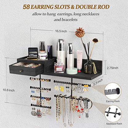 VINAEMO Jewelry Organizer Hanging Wall Mounted Jewelry Holder with Rustic Wood Drawer & Large Capacity Storage Shelf Rack Display for Earrings Rings Necklaces Bracelet(Black) - color: Black